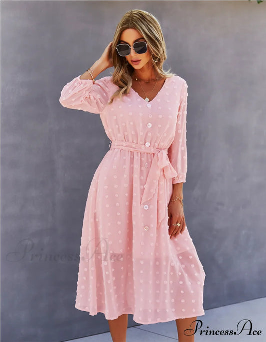 Elegant Half Sleeve Women’s Casual V-neck Midi Dress with Buttons S / PINK