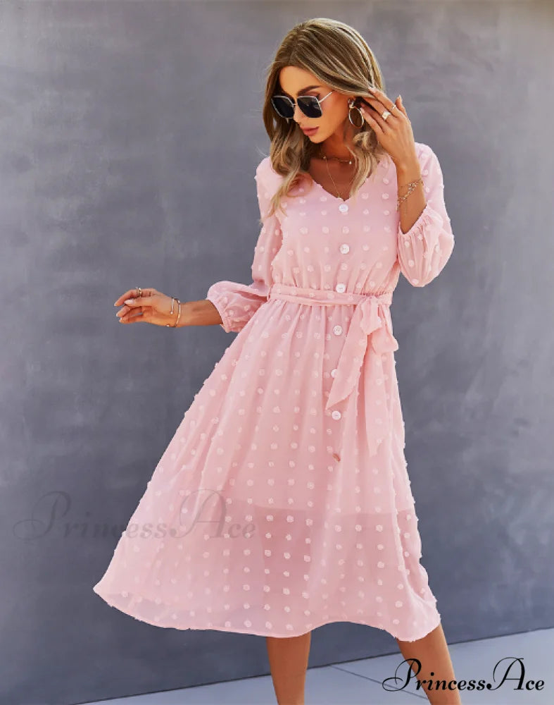 Elegant Half Sleeve Women’s Casual V-neck Midi Dress with Buttons S / YELLOW