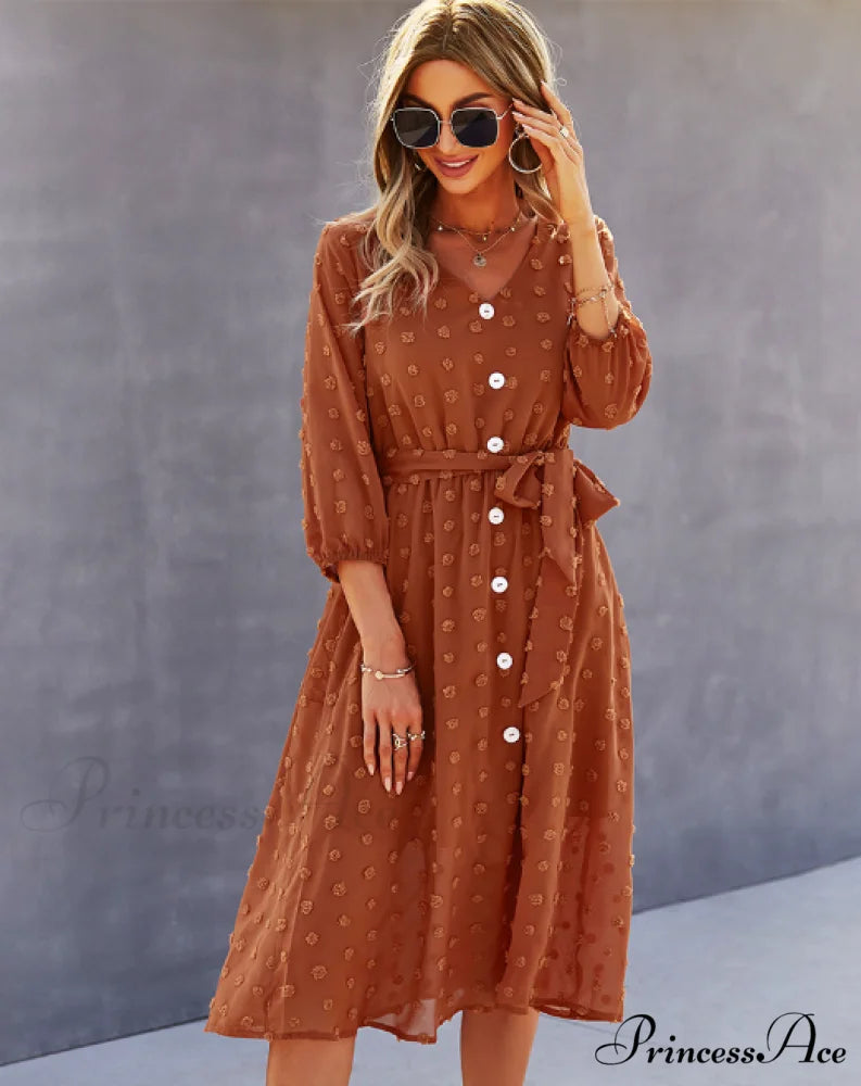 Elegant Half Sleeve Women’s Casual V-neck Midi Dress with Buttons XL / PINK