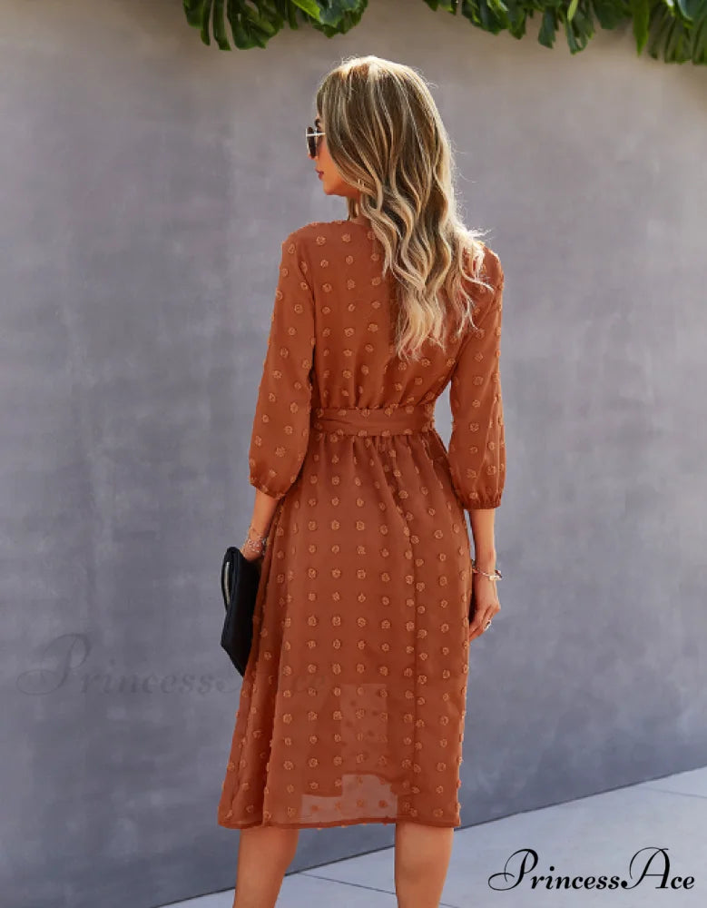 Elegant Half Sleeve Women’s Casual V-neck Midi Dress with Buttons XL / YELLOW