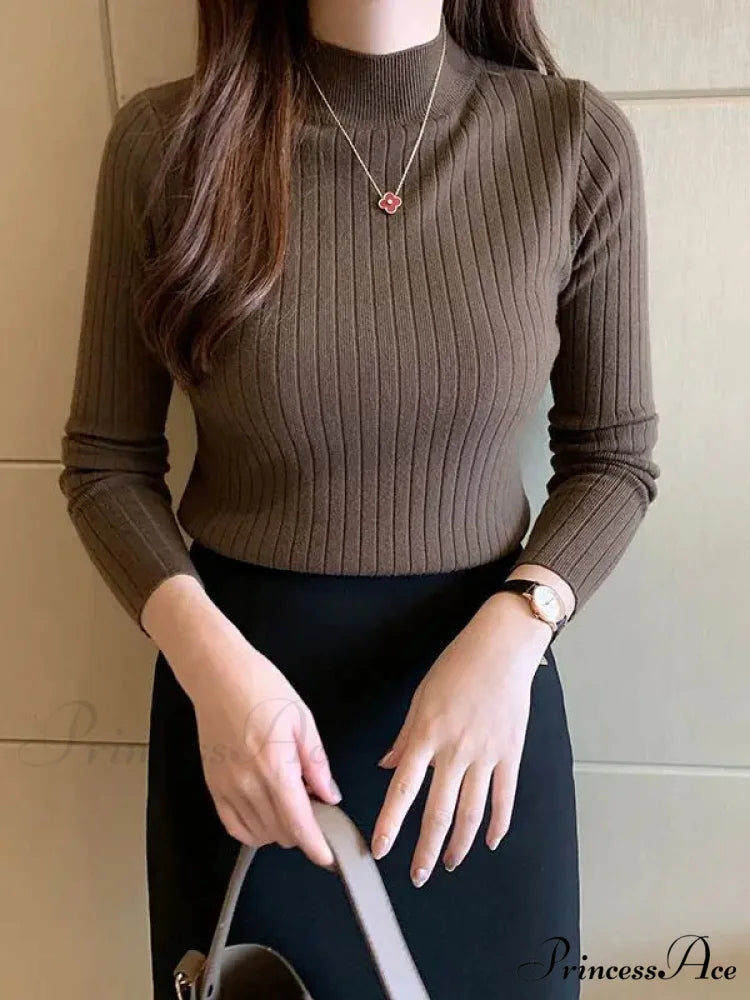 Elegant High-necked Solid Cashmere Jumper Stylish Knit Top COFFEE / One Size knittop-250126