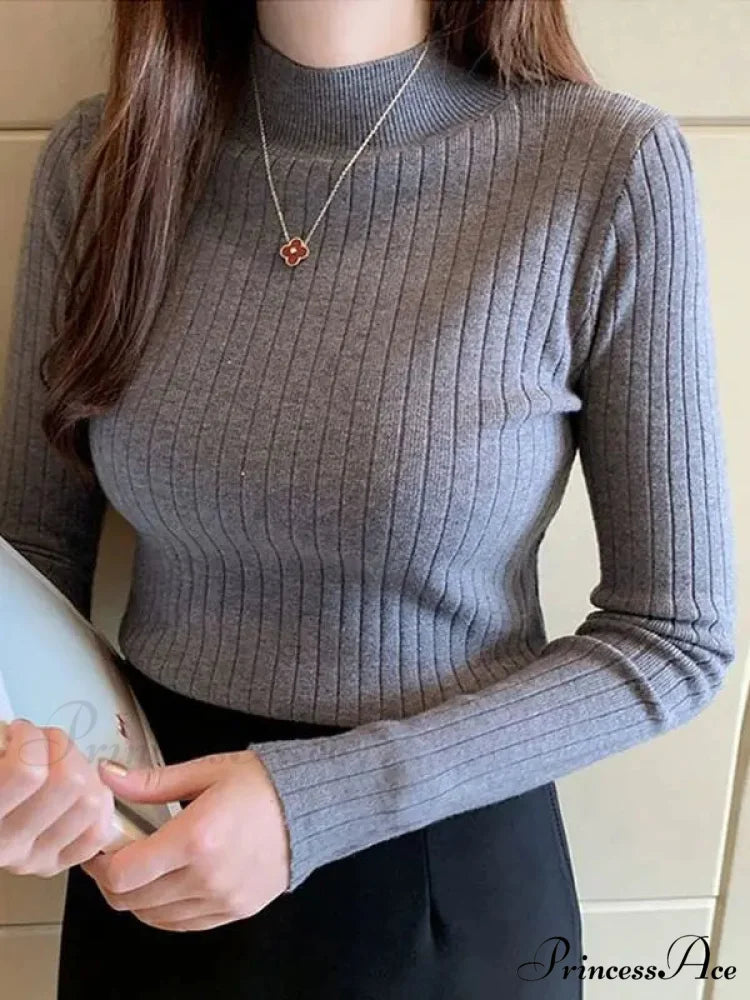 Elegant High-necked Solid Cashmere Jumper Stylish Knit Top GREY / One Size knittop-250126