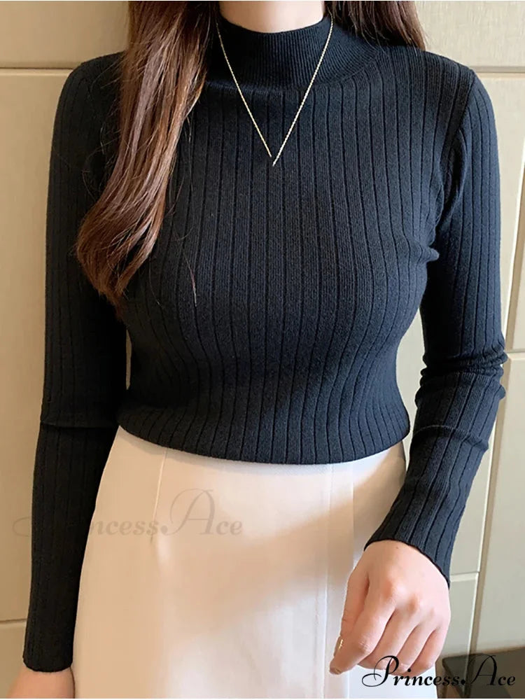 Elegant High-necked Solid Cashmere Jumper Stylish Knit Top knittop-250126