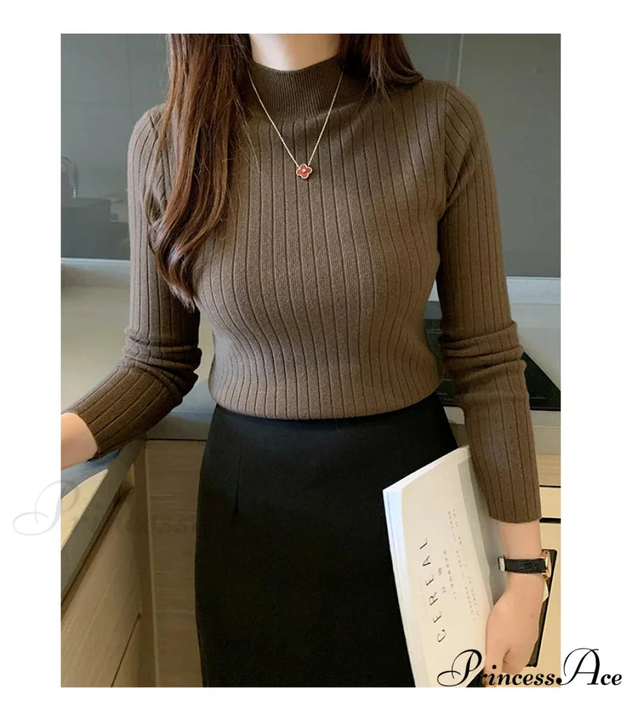 Elegant High-necked Solid Cashmere Jumper Stylish Knit Top knittop-250126