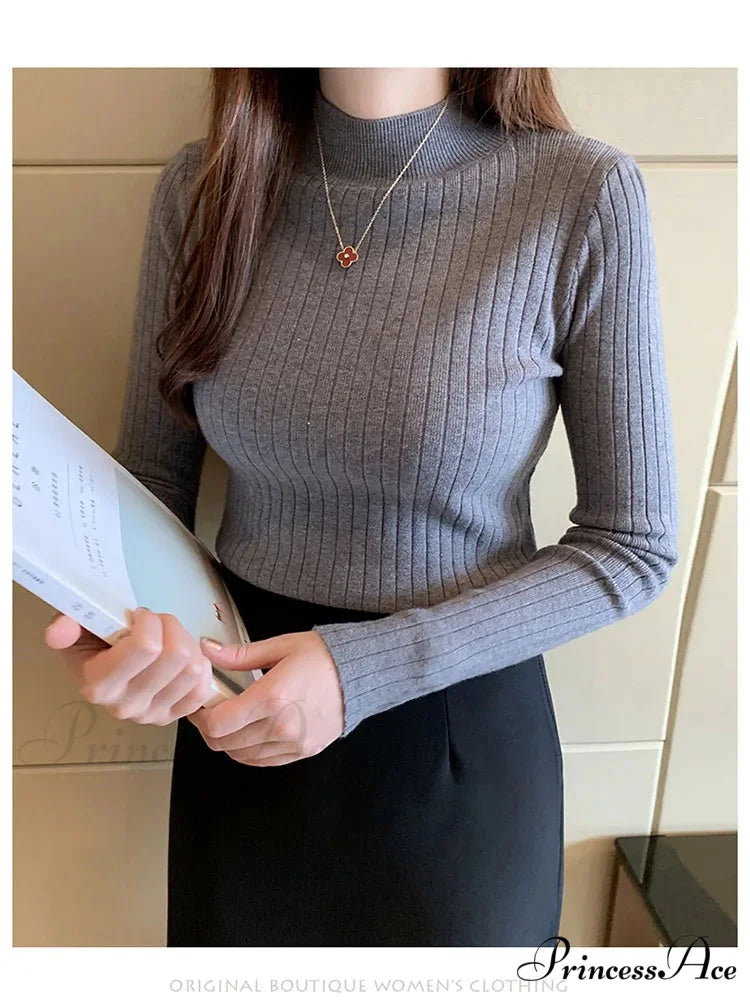 Elegant High-necked Solid Cashmere Jumper Stylish Knit Top knittop-250126