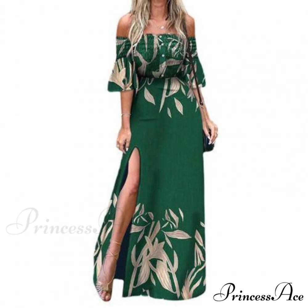 Elegant High Split Ruched Buttons Dress Green / L