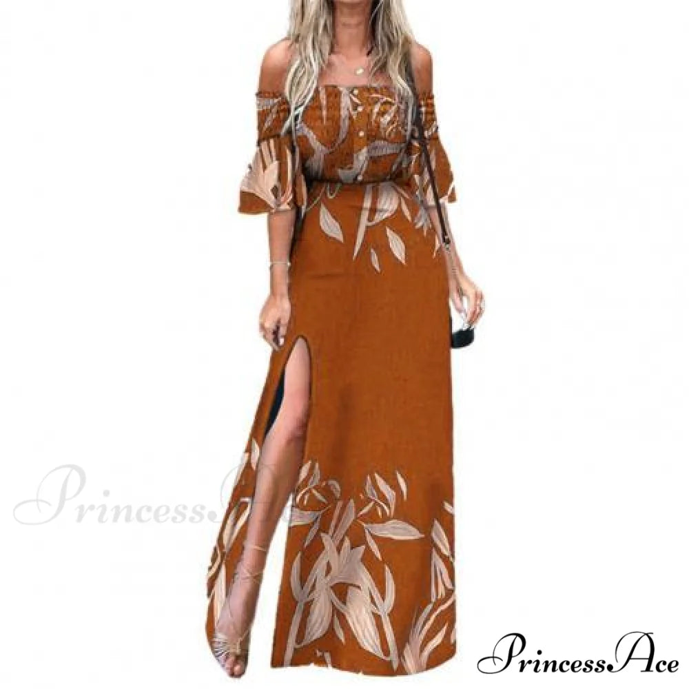 Elegant High Split Ruched Buttons Dress Orange / L