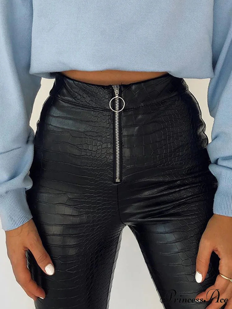 Elegant High Waist Faux Leather Pants Black / XS