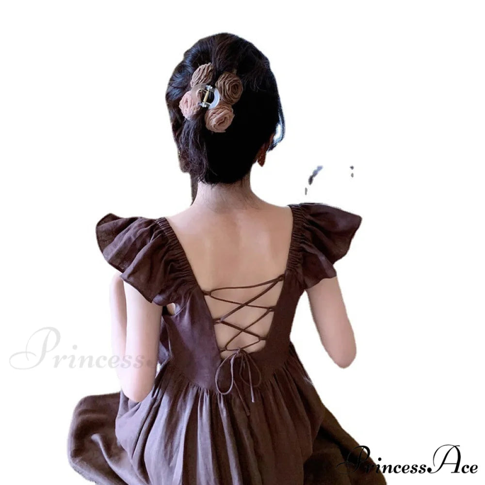 Elegant High Waist Hollow Long Dress with Retro Ruffle Backless M / Black