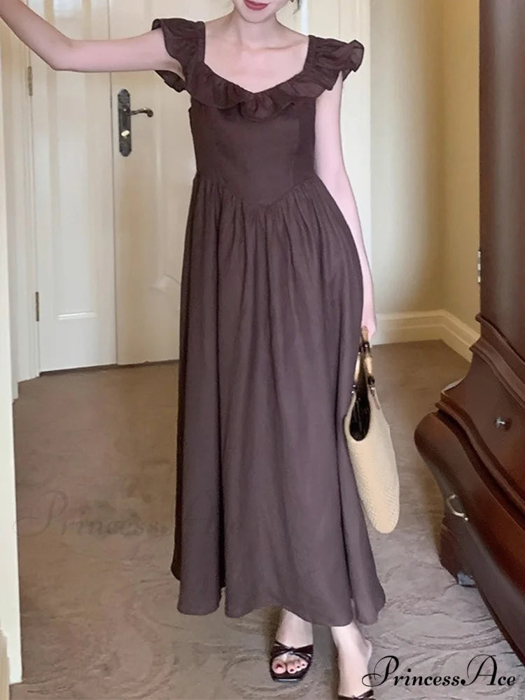 Elegant High Waist Hollow Long Dress with Retro Ruffle Backless S / Black