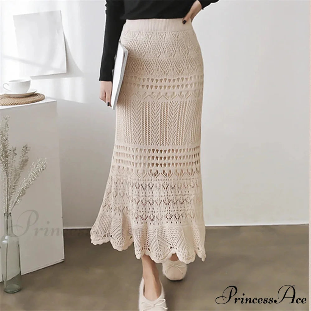 Elegant High Waist Korean Lace Crochet Sheath Wrap Trendy Feminine Skirt apricot / One Size