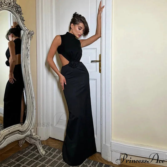 Elegant Hollow Back Sexy Solid Color Turtle Neck Sleeveless Dress Christmas Party Dress