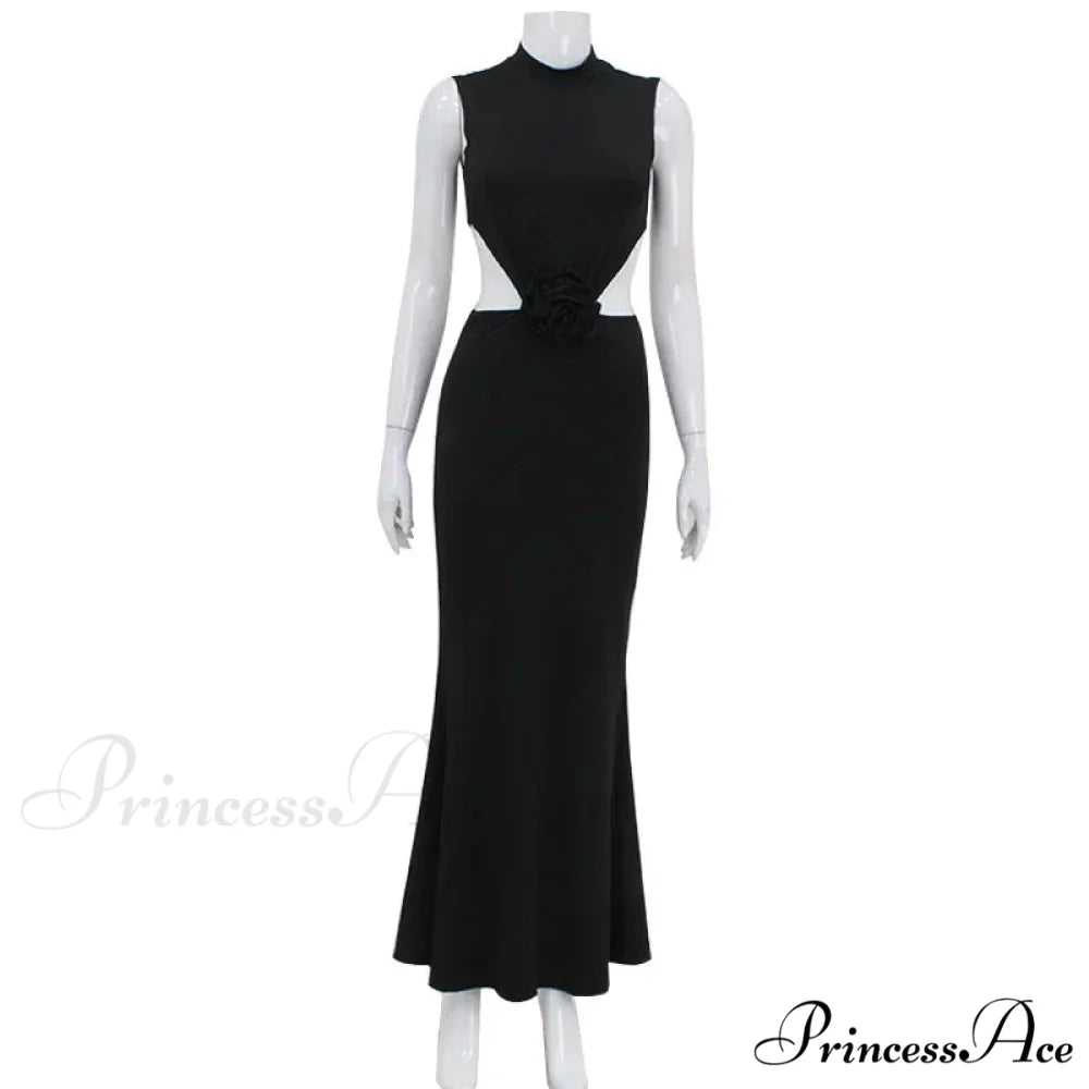 Elegant Hollow Back Sexy Solid Color Turtle Neck Sleeveless Dress Christmas Party Dress Black / S