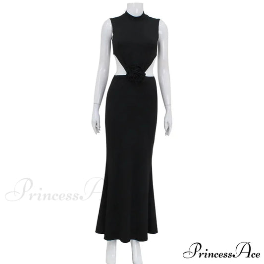 Elegant Hollow Back Sexy Solid Color Turtle Neck Sleeveless Dress Christmas Party Dress Black / S