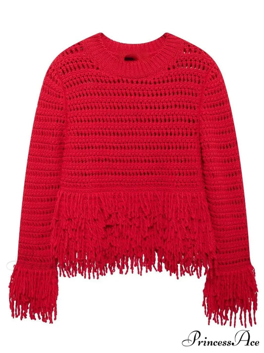 Elegant Hollow Out Sexy Long Sleeve O-Neck Red Christmas Sweater Red / S