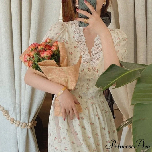 Elegant Lace Chiffon Korean Party Dress beige / S