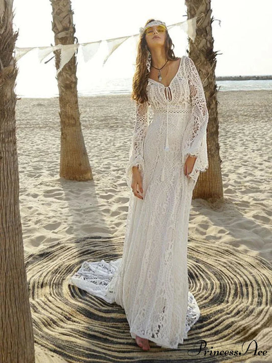 Elegant Lace Hollow Flared Sleeves Evening Gown
