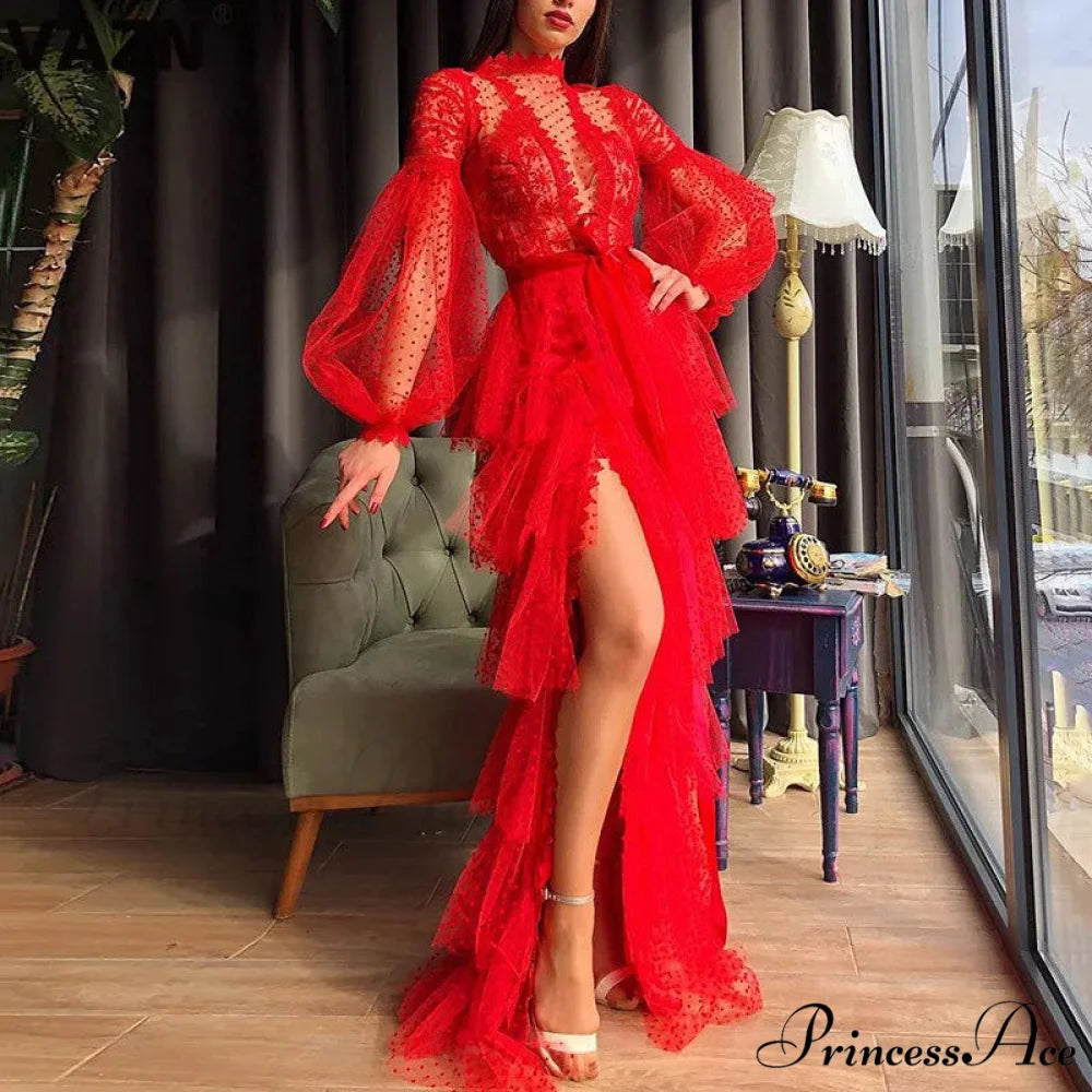 Elegant Lace Hollow Out A-Line Full Sleeve Red Christmas Party Dress Red / S