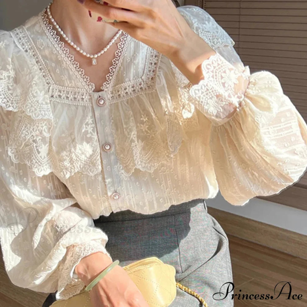 Elegant Lace Lolita Sophisticated Long Sleeve Blouse Apricot shirt / S(40-47.5KGS) blouse-250126