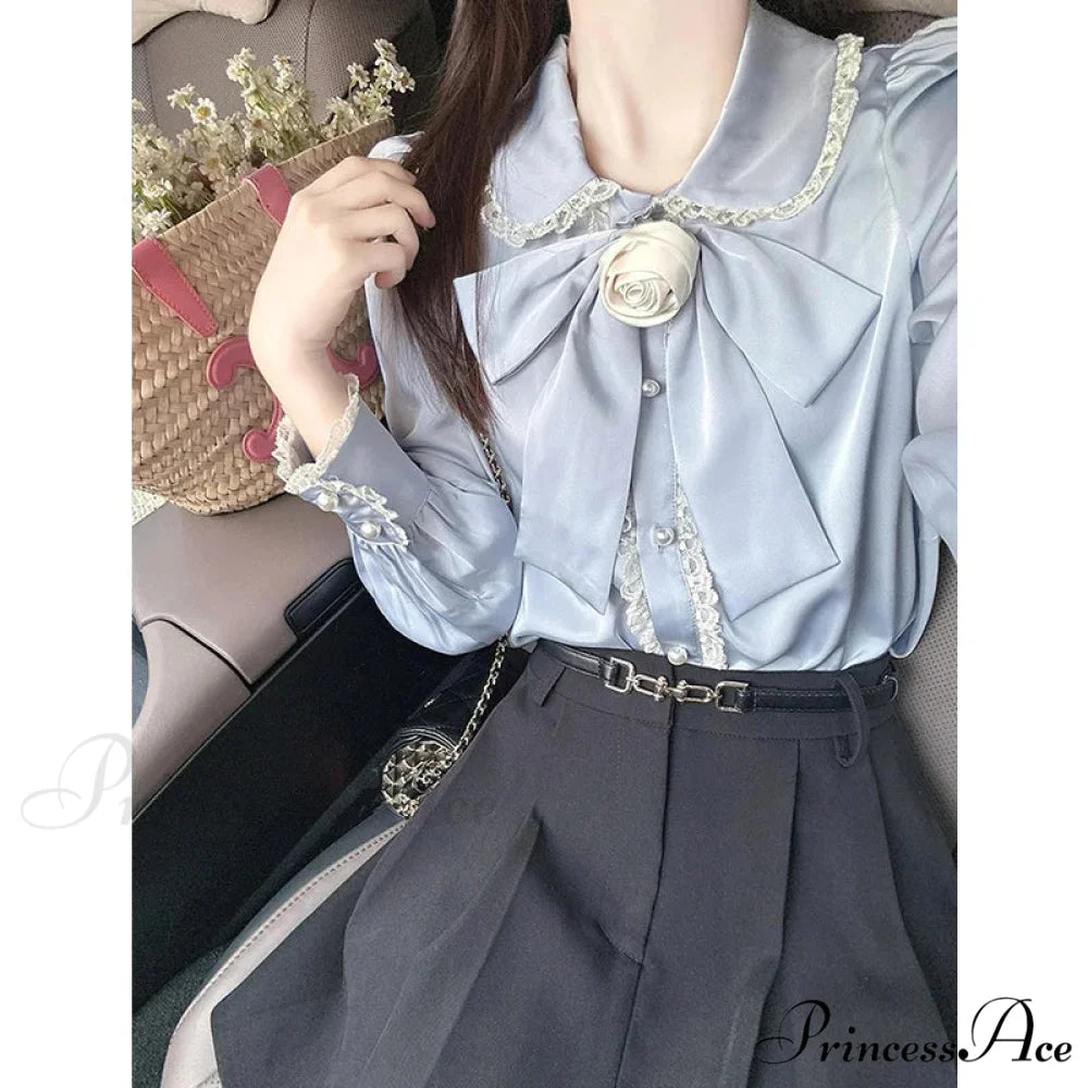 Elegant Lace Lolita Sophisticated Long Sleeve Blouse blue shirt / S(40-47.5KGS) blouse-250126