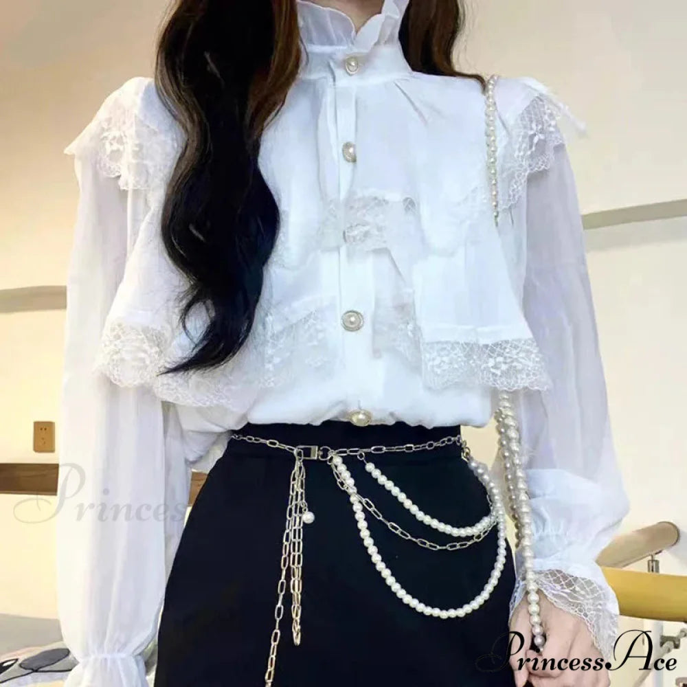 Elegant Lace Lolita Sophisticated Long Sleeve Blouse white shirt / S(40-47.5KGS) blouse-250126