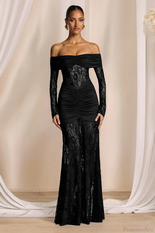 Elegant Lace Off-the-Shoulder Long Sleeve Bodycon Evening Dress