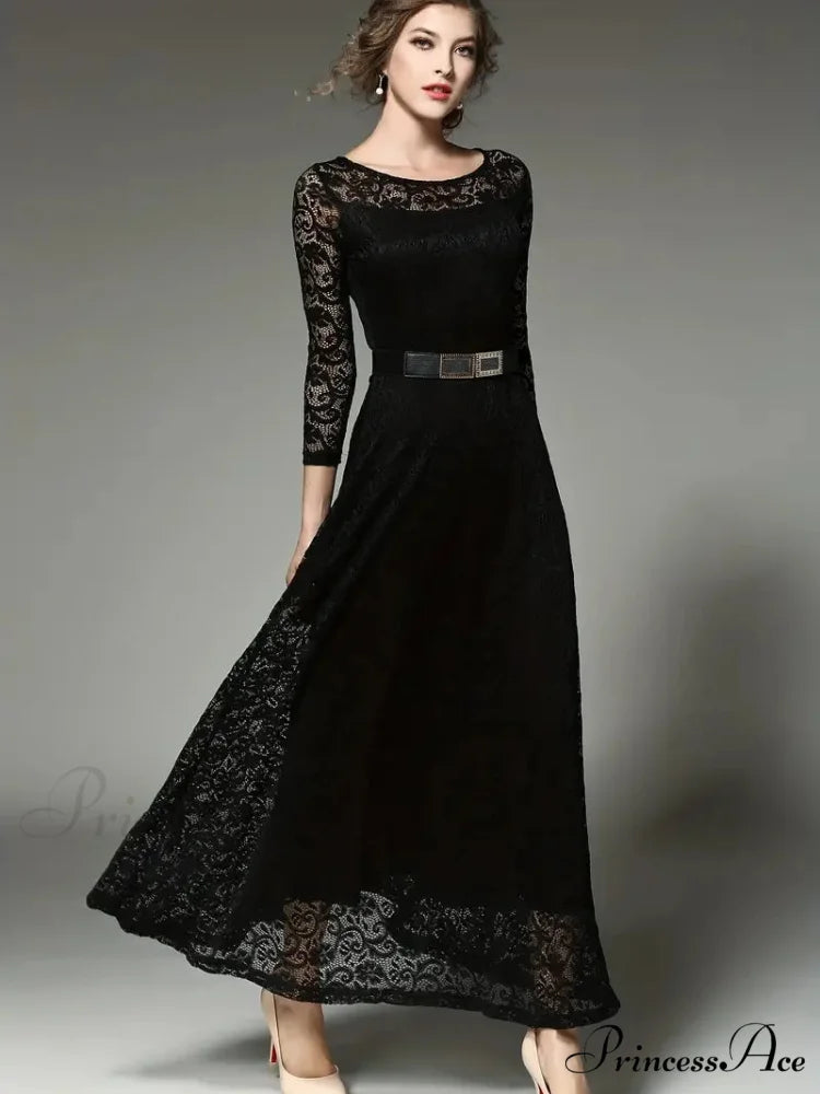 Elegant Lace Party Casual Dress with 3/4 Sleeves S / Black