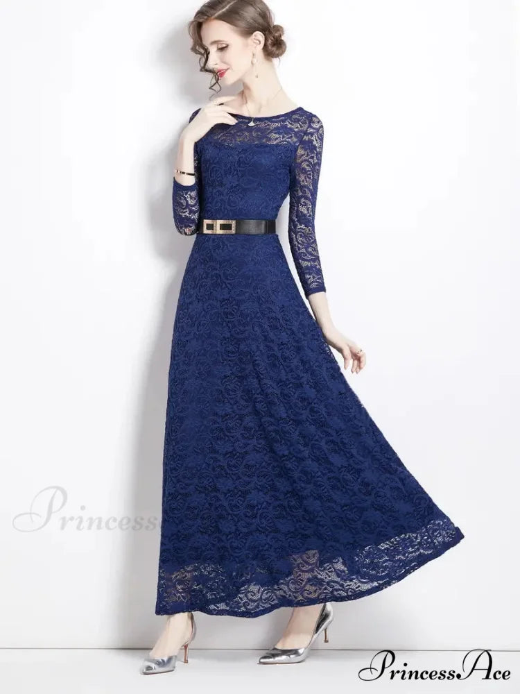 Elegant Lace Party Casual Dress with 3/4 Sleeves S / Burgundy