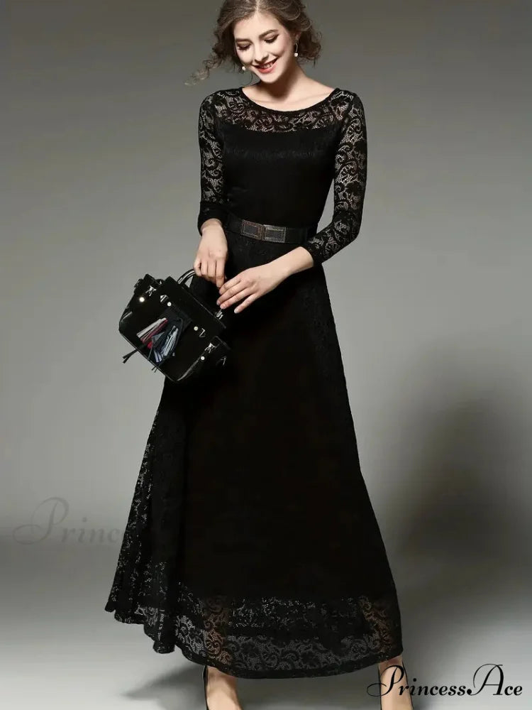 Elegant Lace Party Casual Dress with 3/4 Sleeves XS / Black