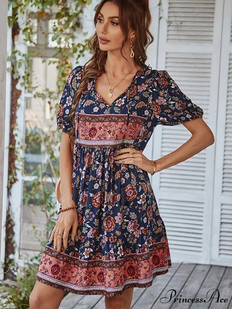 Elegant Lace-up Green Sundress Women Boho Dress