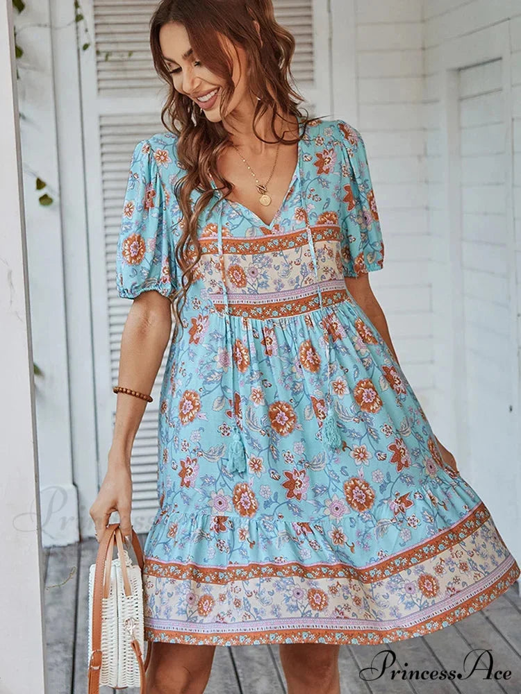 Elegant Lace-up Green Sundress Women Boho Dress Blue / S
