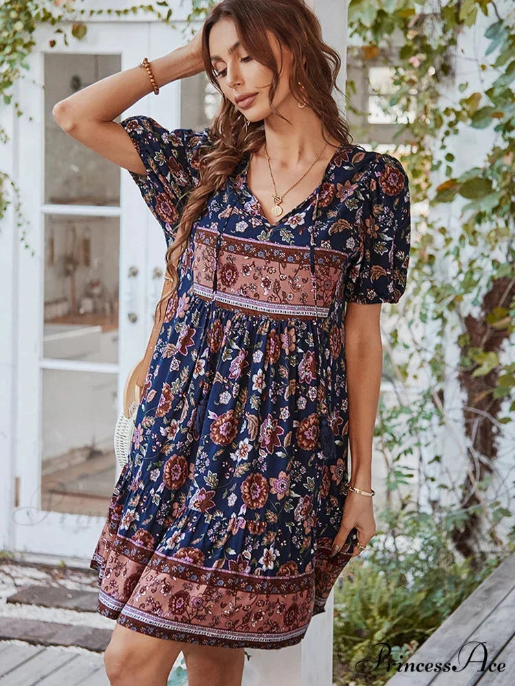 Elegant Lace-up Green Sundress Women Boho Dress Navy Blue / S