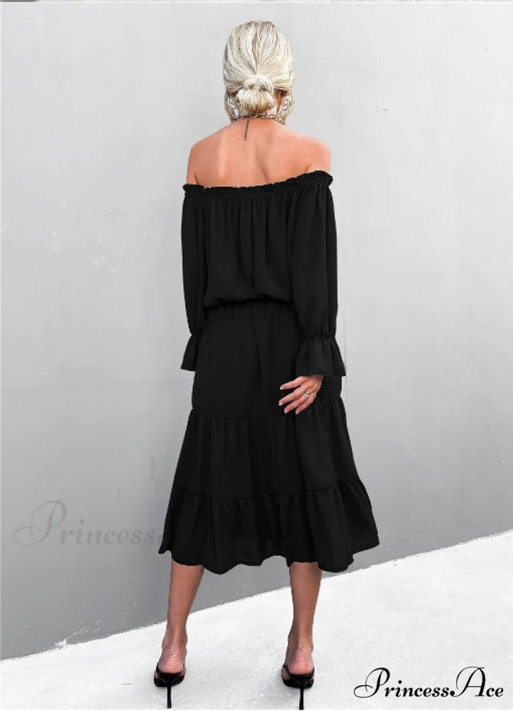 Elegant Lace-Up One-Shoulder Long Dress L / black