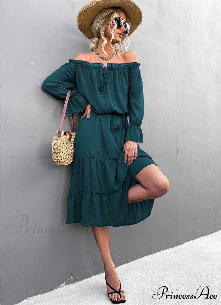 Elegant Lace-Up One-Shoulder Long Dress L / dark green