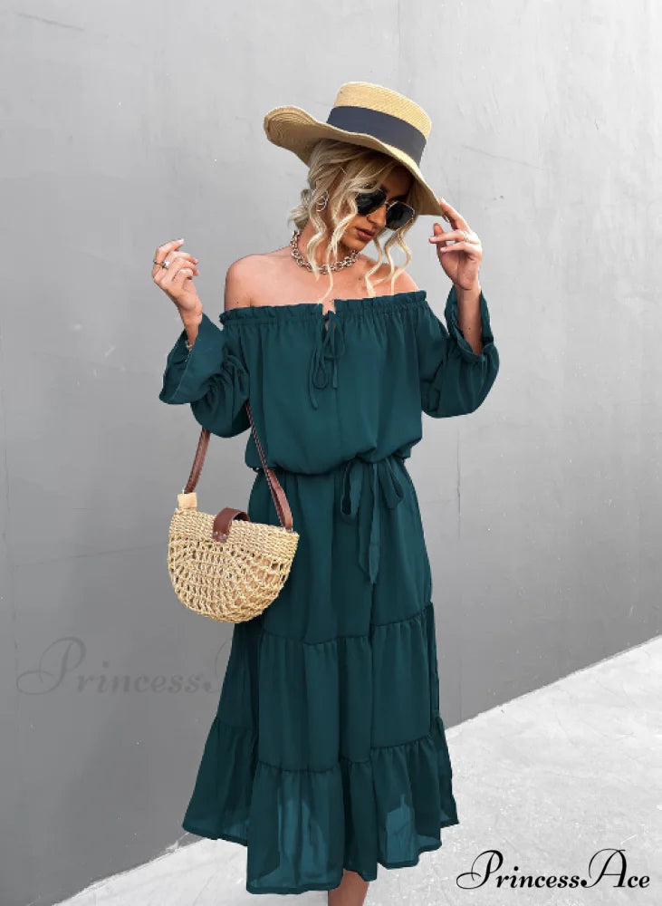 Elegant Lace-Up One-Shoulder Long Dress L / wine red
