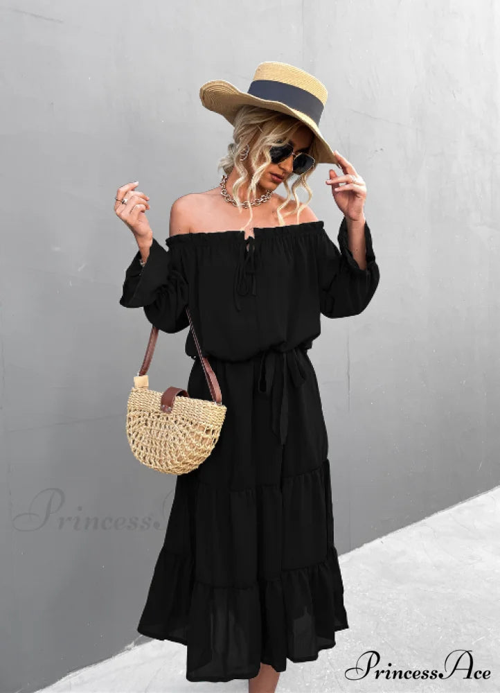 Elegant Lace-Up One-Shoulder Long Dress M / dark green