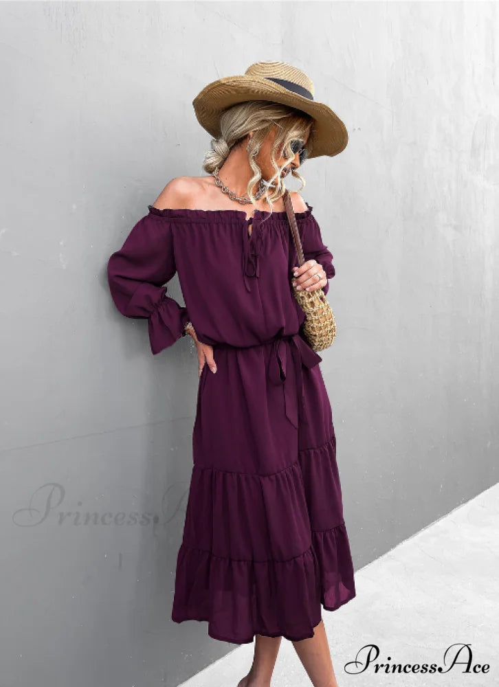 Elegant Lace-Up One-Shoulder Long Dress S / wine red