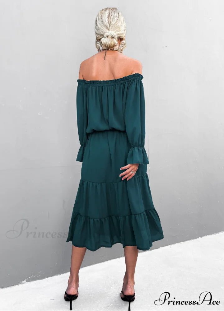 Elegant Lace-Up One-Shoulder Long Dress XL / dark green