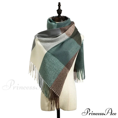 Elegant Lady Style Cashmere Tassel Luxury Scarf - Autumn Winter Striped Plaid GREEN