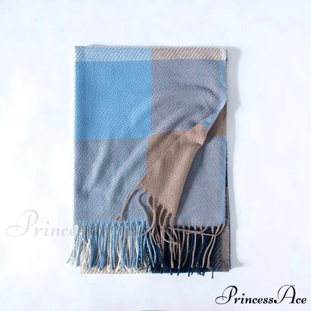 Elegant Lady Style Cashmere Tassel Luxury Scarf - Autumn Winter Striped Plaid LIGHT BLUE