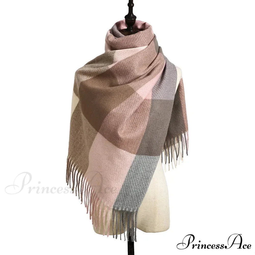 Elegant Lady Style Cashmere Tassel Luxury Scarf - Autumn Winter Striped Plaid PINK