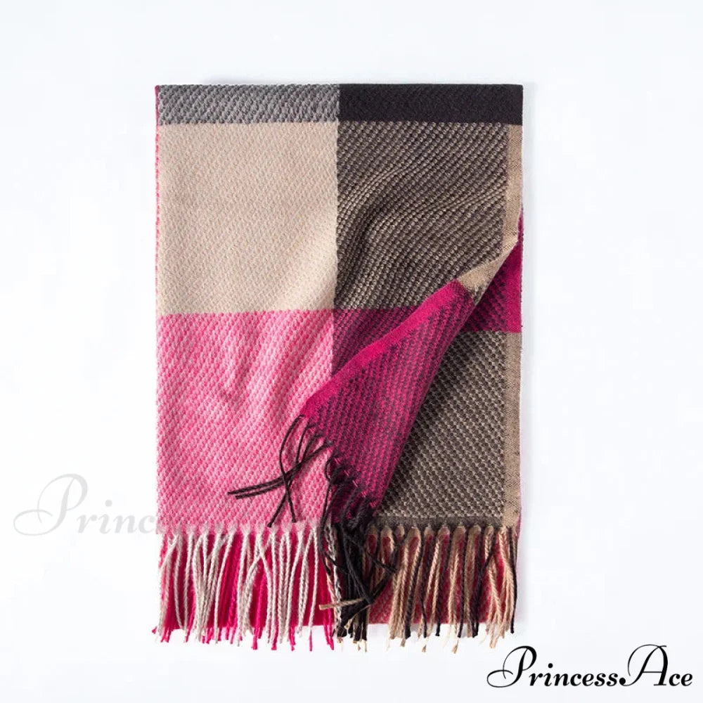 Elegant Lady Style Cashmere Tassel Luxury Scarf - Autumn Winter Striped Plaid ROSE RED
