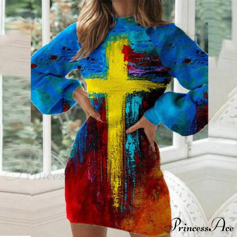 Elegant Lantern Long Sleeves Dresses 13 Cross Painting / S