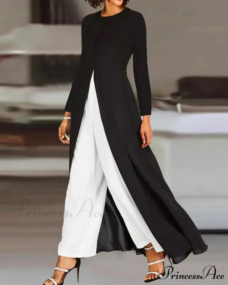 Elegant Long Dress with Slit - Solid Color Black / S