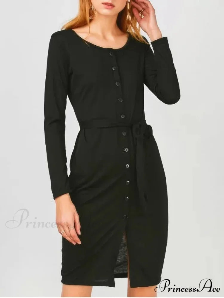 Elegant Long Sleeve Button Up Slit Sheath Dress