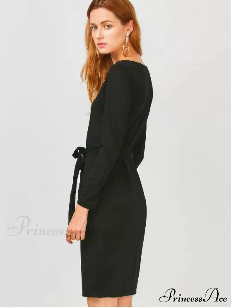 Elegant Long Sleeve Button Up Slit Sheath Dress