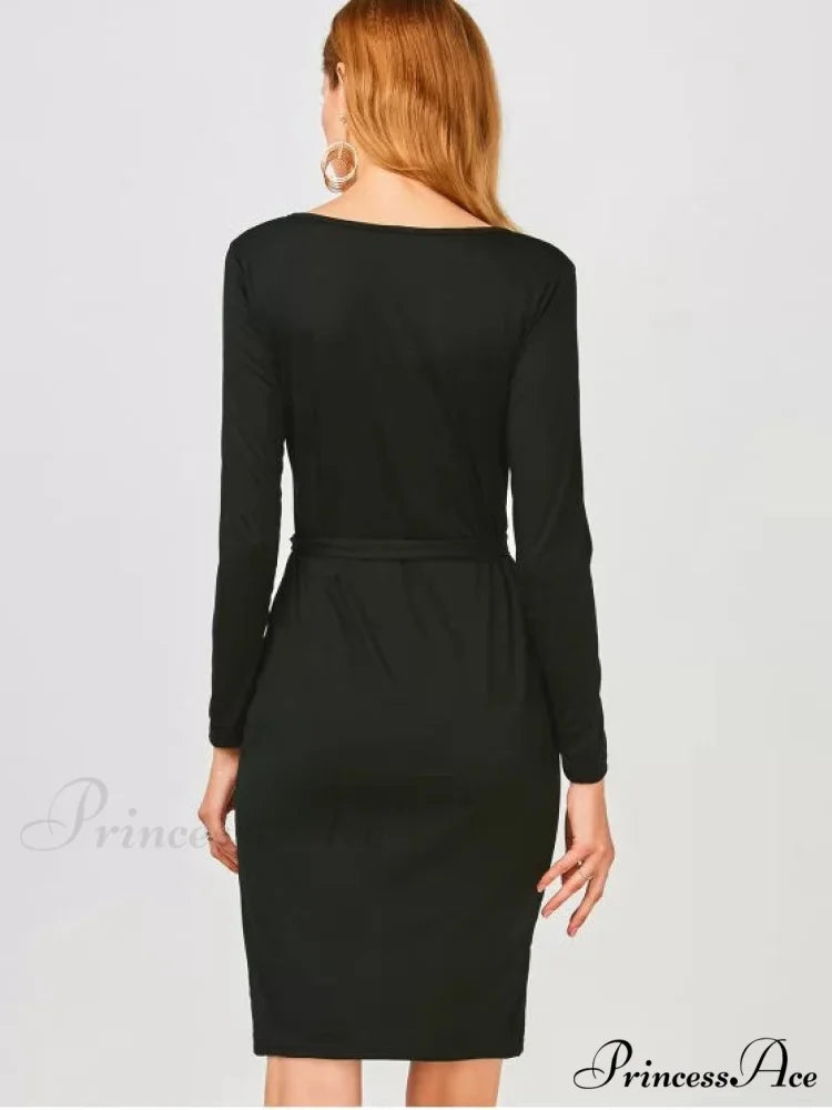 Elegant Long Sleeve Button Up Slit Sheath Dress