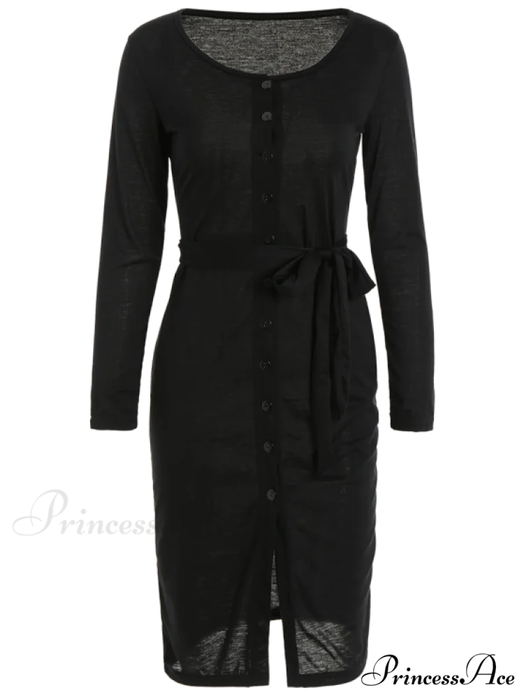 Elegant Long Sleeve Button Up Slit Sheath Dress