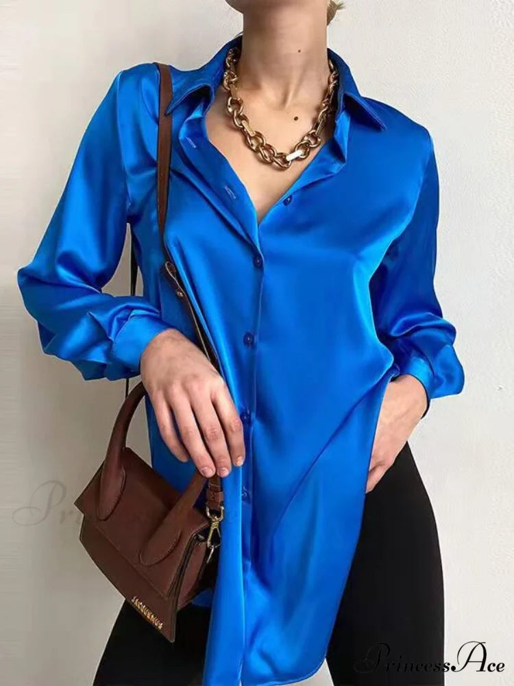Elegant Long Sleeve Green Silk Blouse blue / S