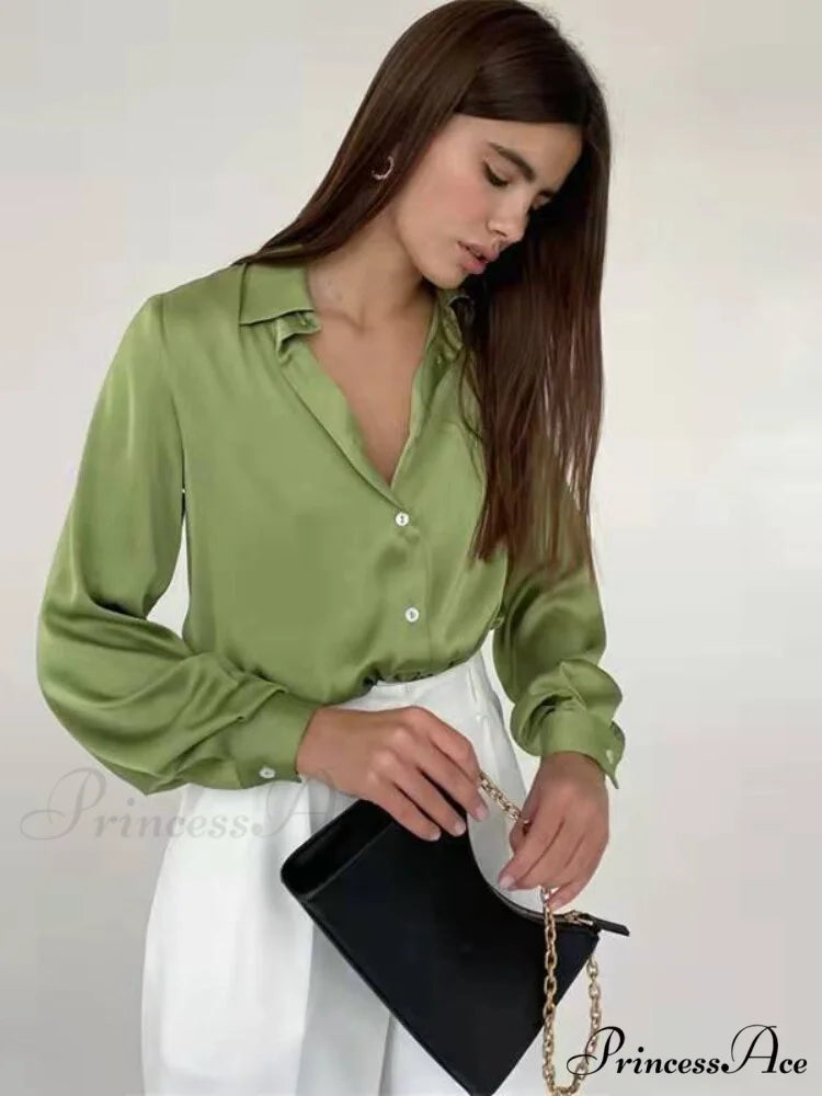 Elegant Long Sleeve Green Silk Blouse Light Green / S